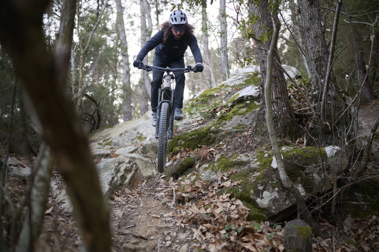 Giant Stance E+ 1 ve sjezdu na lesni stezce